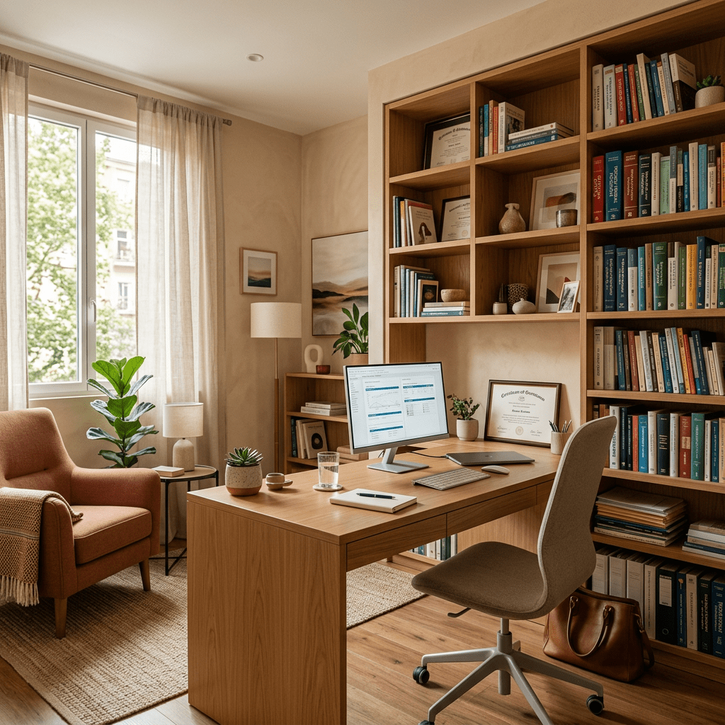 Home office with wooden desk, computer monitor, ergonomic chair, bookshelves, and an armchair by the window